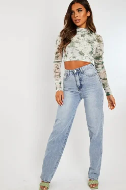 Rebellious Fashion Green Marble Ruched Inside Mesh Crop Top - Mally