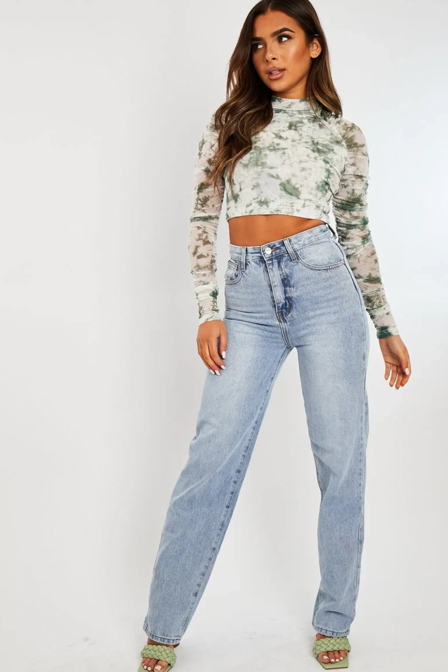 Rebellious Fashion Green Marble Ruched Inside Mesh Crop Top - Mally
