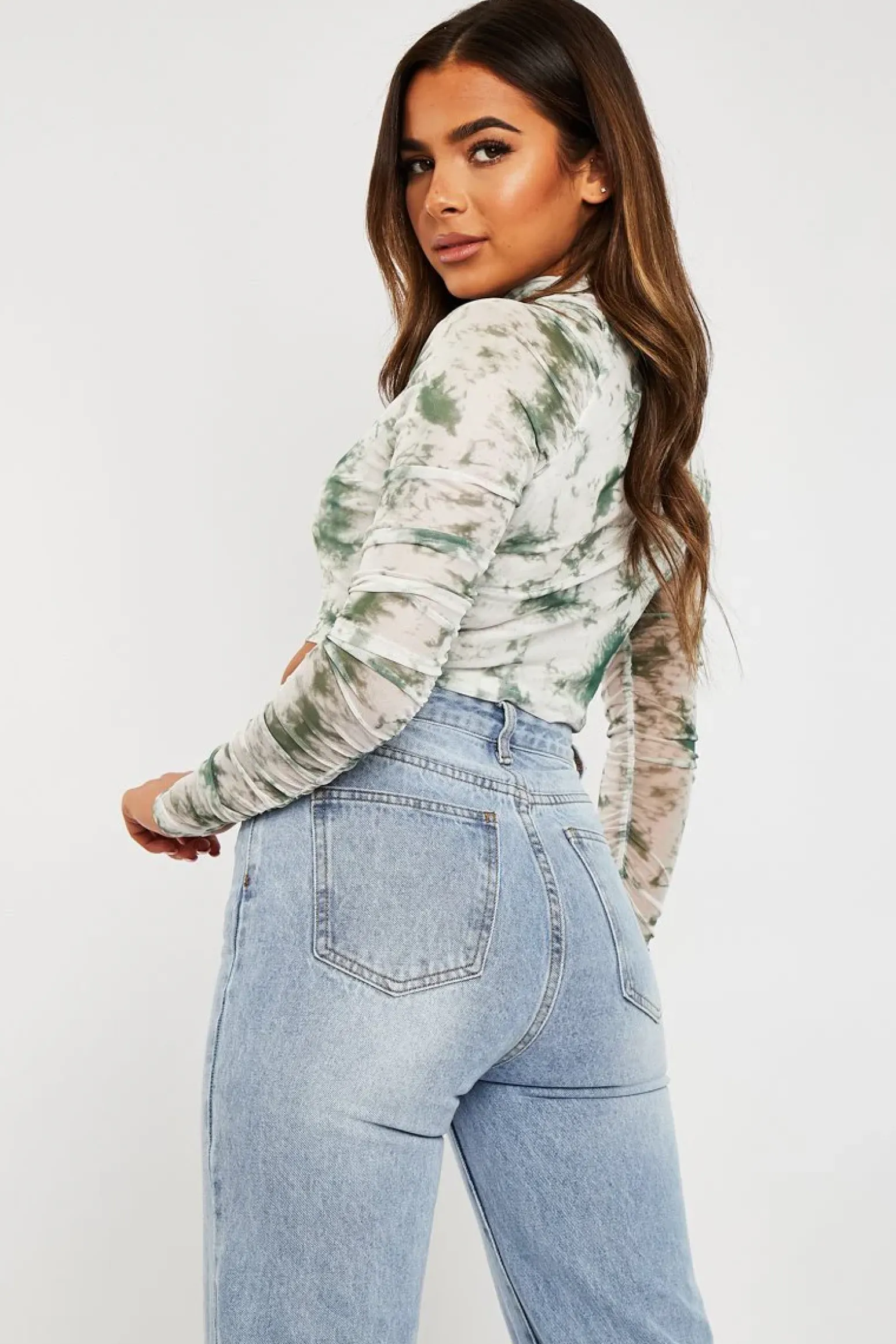 Rebellious Fashion Green Marble Ruched Inside Mesh Crop Top - Mally