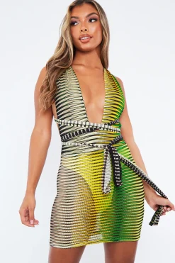 Rebellious Fashion Green Mesh Blend Halter Neck Mini Dress - Lelah