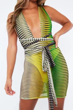 Rebellious Fashion Green Mesh Blend Halter Neck Mini Dress - Lelah