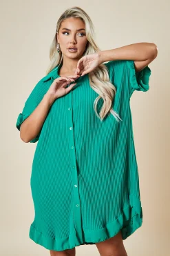 Rebellious Fashion Green Plisse Detail Frill Hem Oversized Dress - Sakura