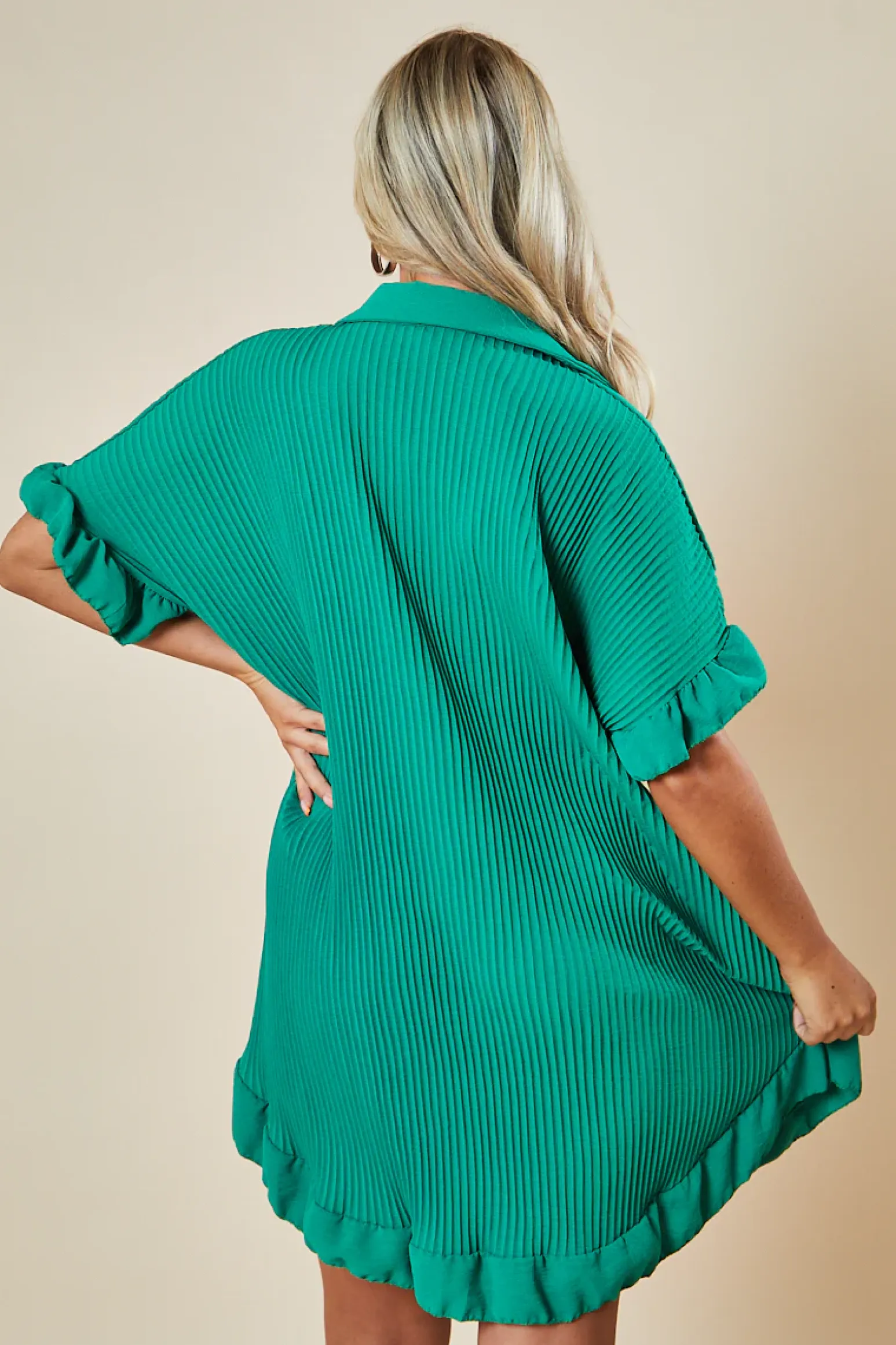 Rebellious Fashion Green Plisse Detail Frill Hem Oversized Dress - Sakura