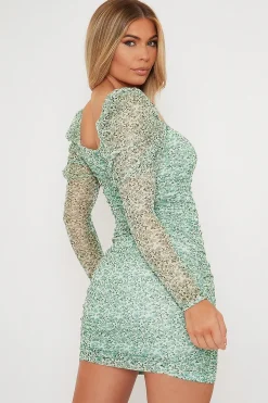 Rebellious Fashion Green Puff Sleeve Floral Mesh Side Ruched Dress - Cyrene