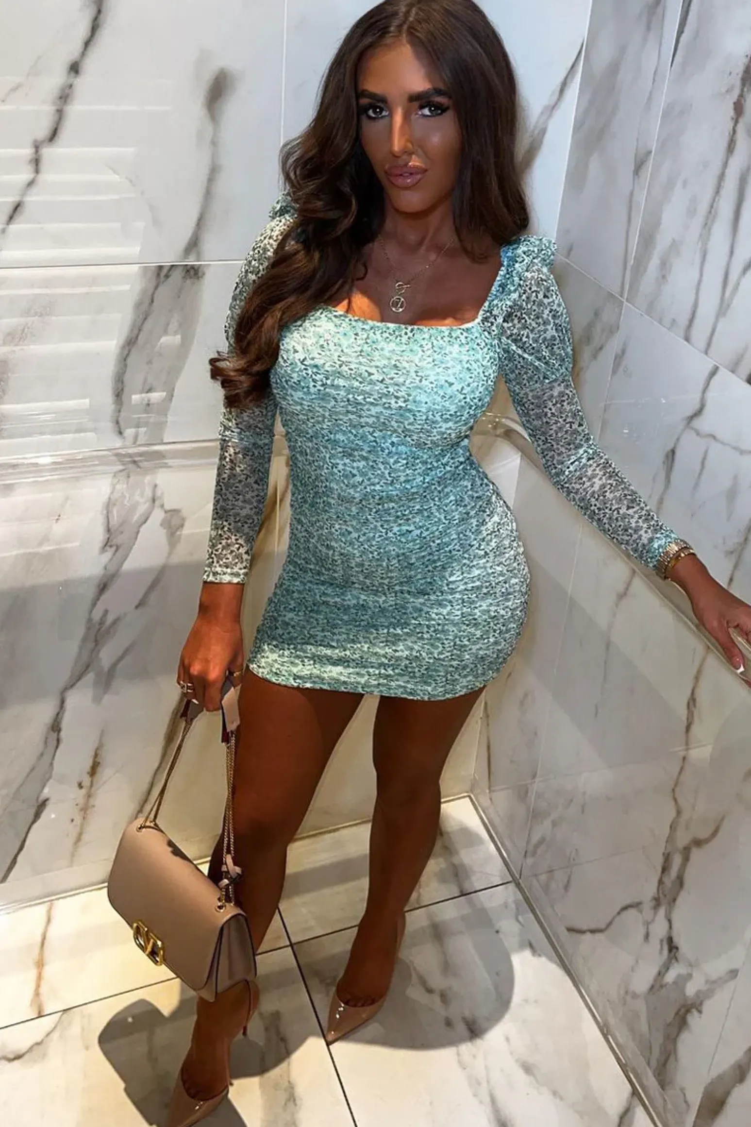 Rebellious Fashion Green Puff Sleeve Floral Mesh Side Ruched Dress - Cyrene
