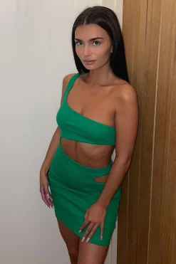 Rebellious Fashion Green Rib One Shoulder Side Cut Outs Mini Dress - Noelle