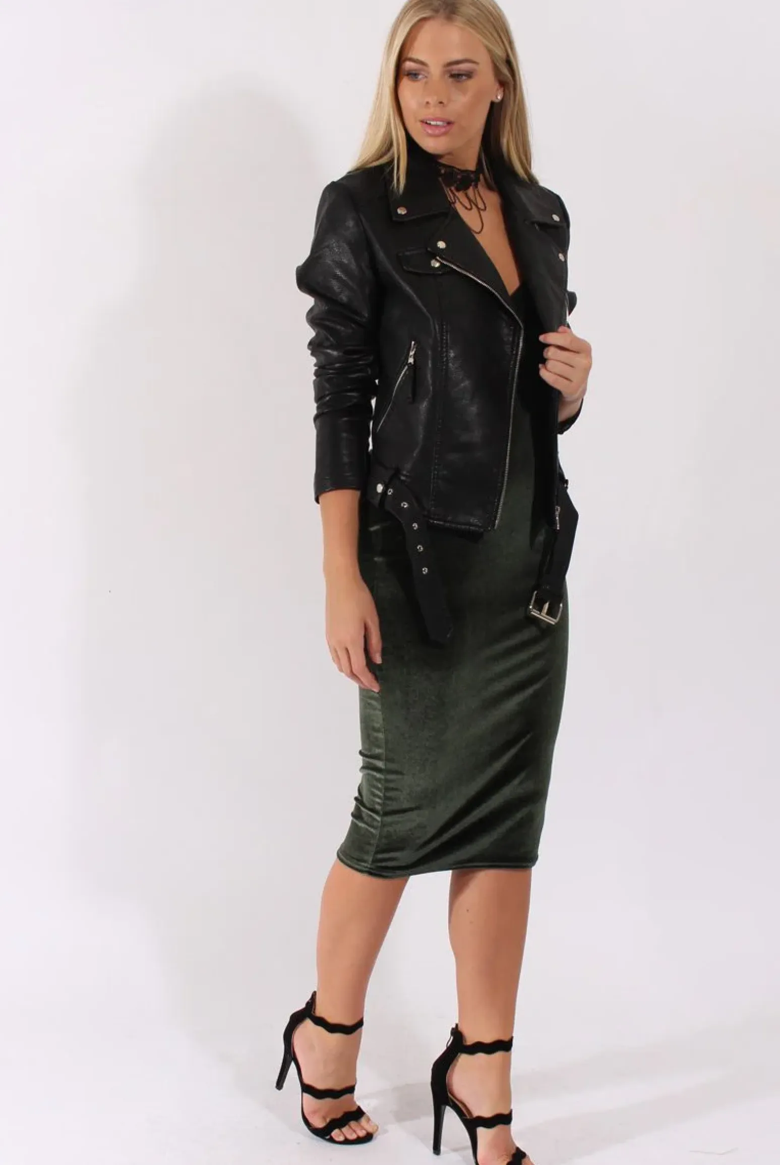 Rebellious Fashion Green Velvet Cross Back Midi Dress - Annette