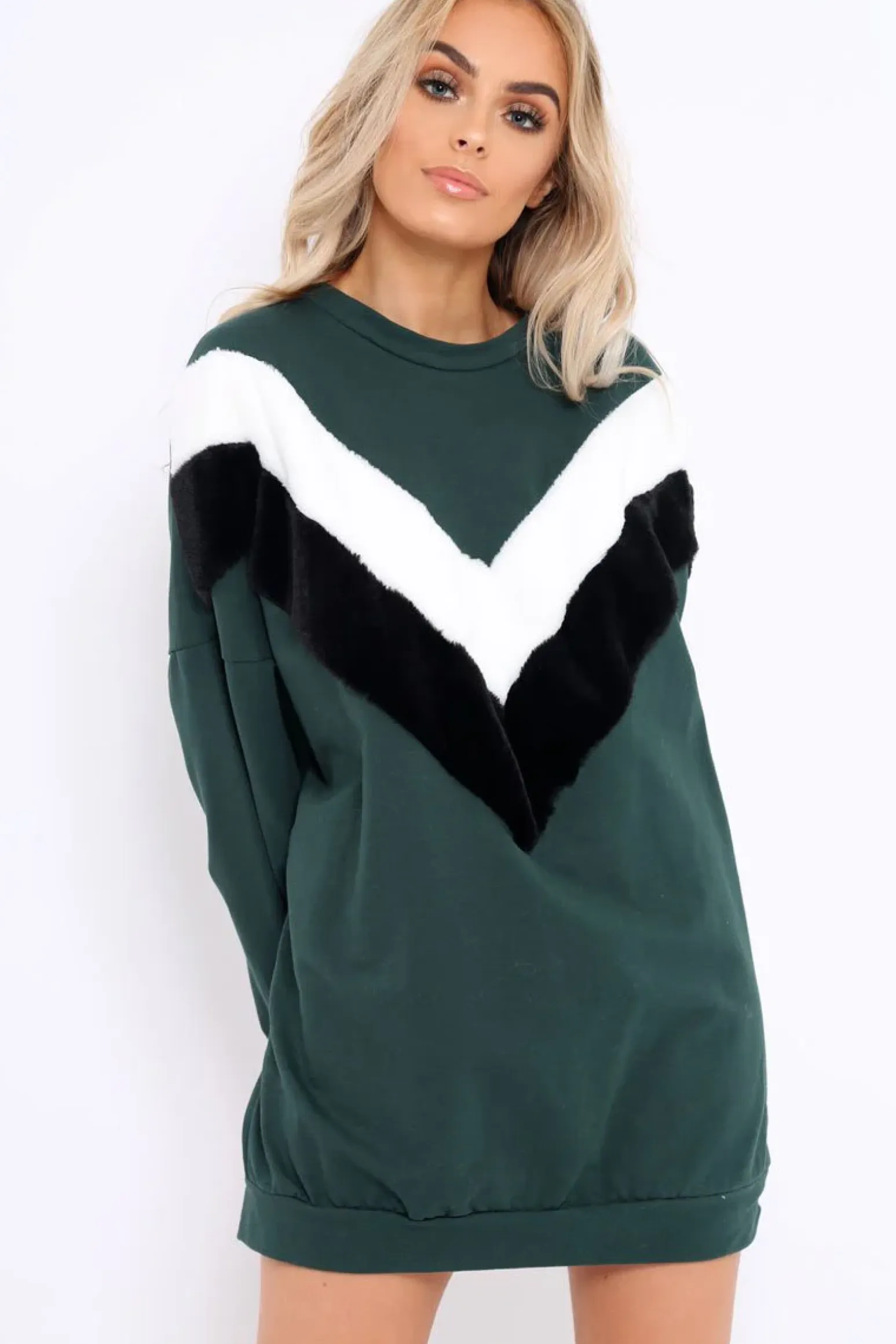 Rebellious Fashion Green with White and Black Chevron Fur Jumper Dress- Lula