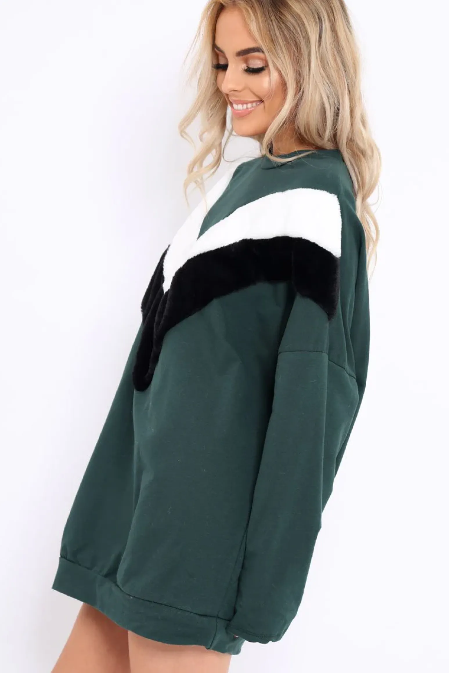 Rebellious Fashion Green with White and Black Chevron Fur Jumper Dress- Lula