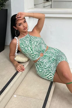 Rebellious Fashion Green Zebra Print Cut Out Mini Dress - Kerry