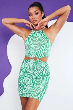 Rebellious Fashion Green Zebra Print Cut Out Mini Dress - Kerry