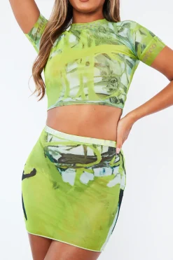 Rebellious Fashion Green Abstract Print Mesh Crop Top And Mini Skirt Co-Ord - Ovi