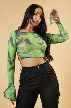 Rebellious Fashion Green Abstract Print Mesh Cropped Top - Cucu