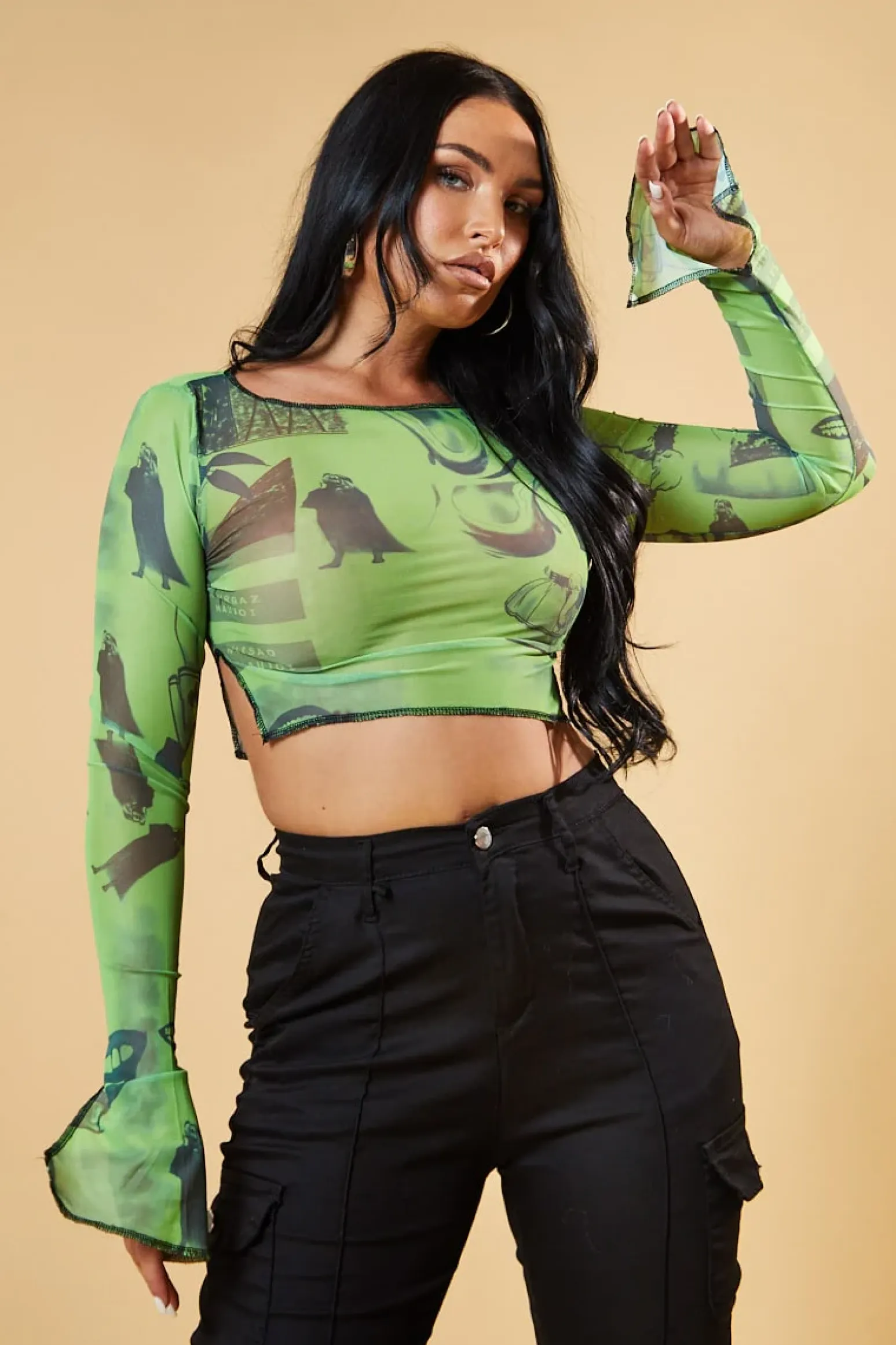 Rebellious Fashion Green Abstract Print Mesh Cropped Top - Cucu