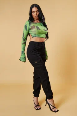 Rebellious Fashion Green Abstract Print Mesh Cropped Top - Cucu