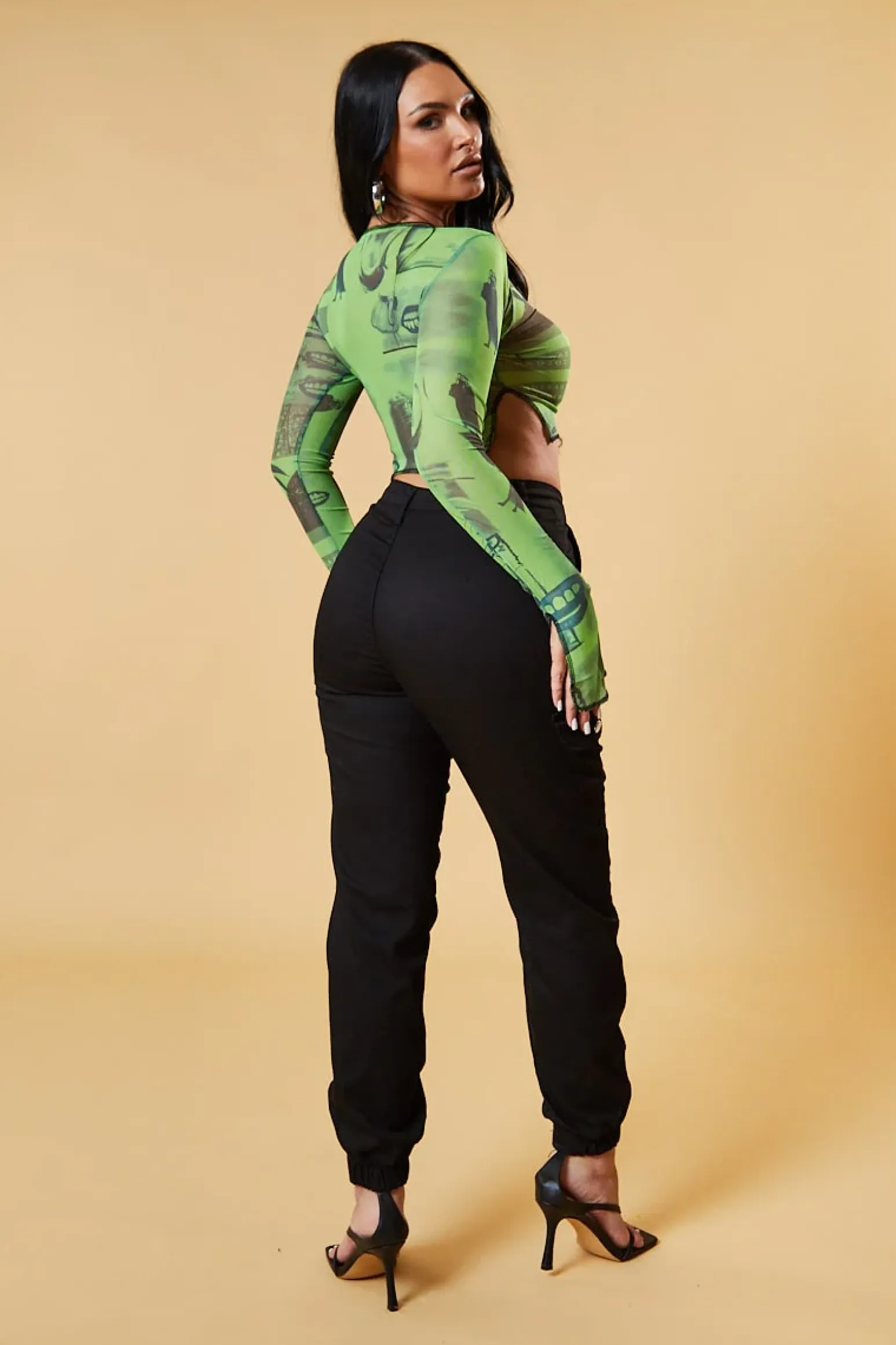Rebellious Fashion Green Abstract Print Mesh Cropped Top - Cucu