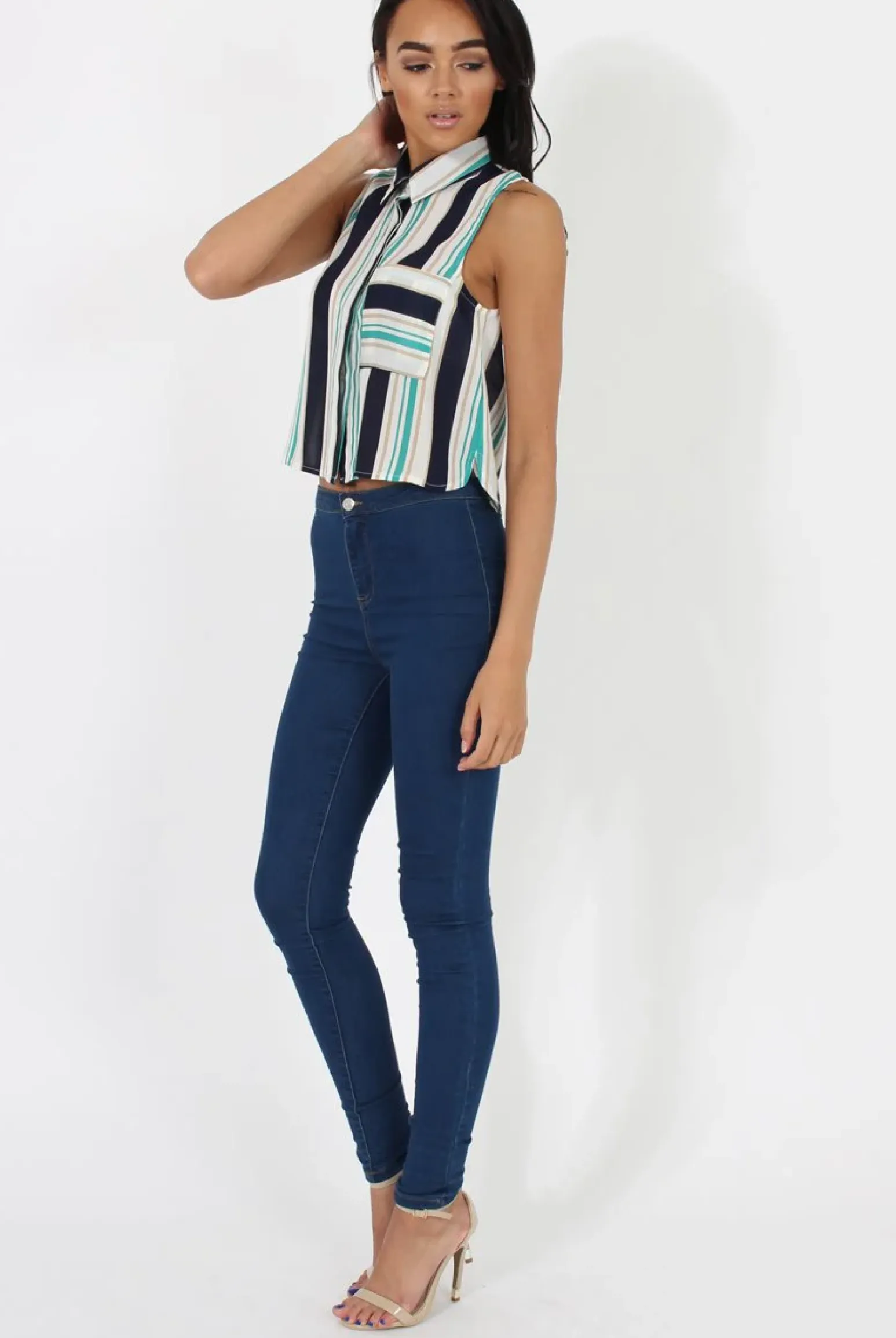Rebellious Fashion Green & Blue Stripe Sleeveless Shirt - Ayesha