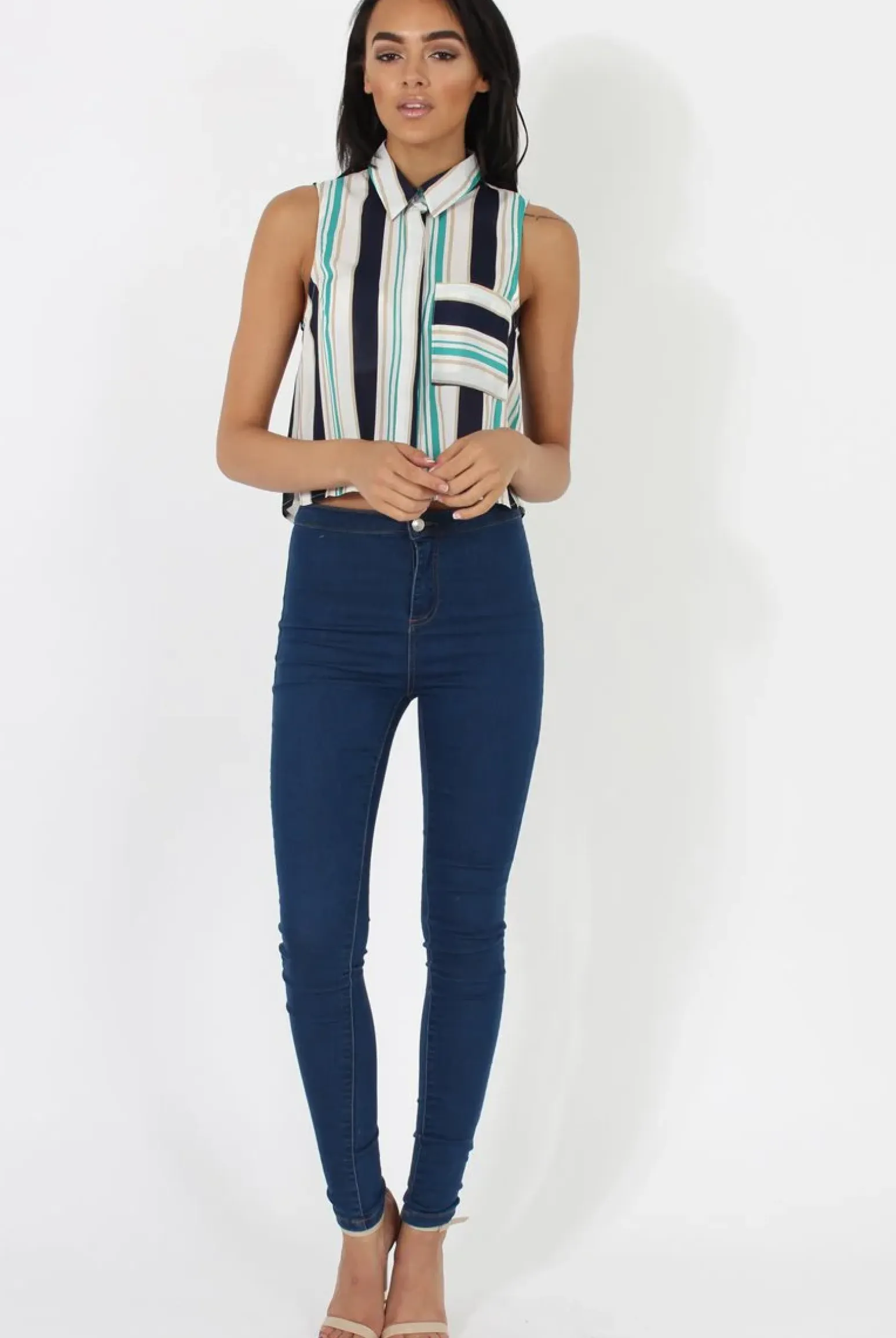 Rebellious Fashion Green & Blue Stripe Sleeveless Shirt - Ayesha