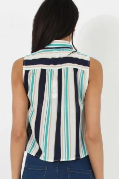 Rebellious Fashion Green & Blue Stripe Sleeveless Shirt - Ayesha