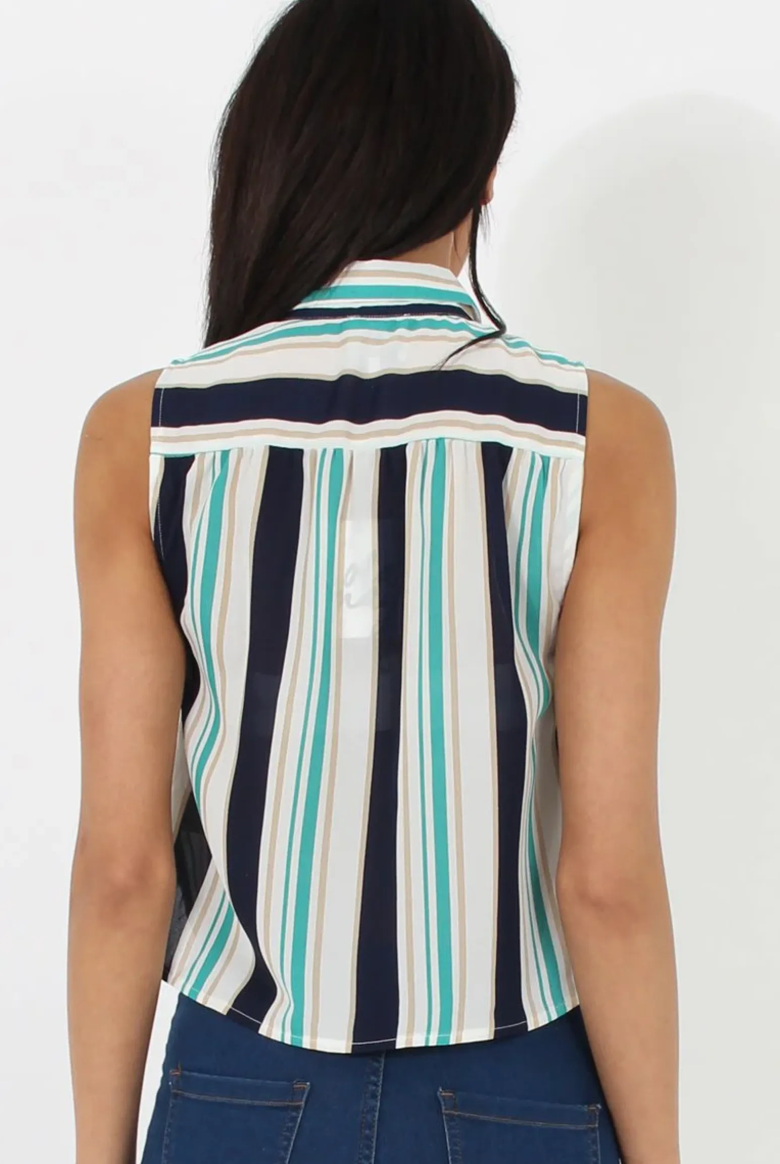 Rebellious Fashion Green & Blue Stripe Sleeveless Shirt - Ayesha