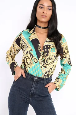 Rebellious Fashion Green and Gold Scarf Print Satin Plunge Bodysuit - Moniqua