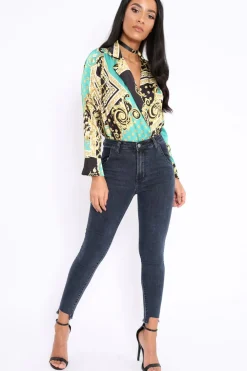 Rebellious Fashion Green and Gold Scarf Print Satin Plunge Bodysuit - Moniqua