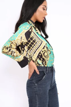 Rebellious Fashion Green and Gold Scarf Print Satin Plunge Bodysuit - Moniqua