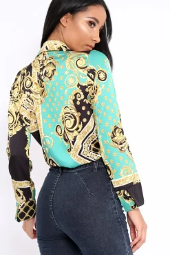 Rebellious Fashion Green and Gold Scarf Print Satin Plunge Bodysuit - Moniqua