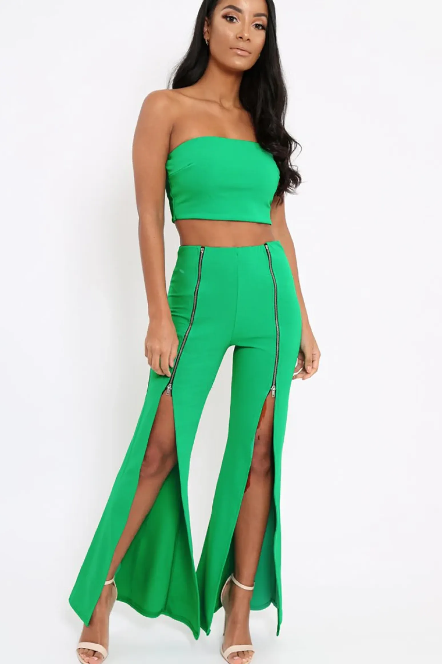 Rebellious Fashion Green Bandeau Crop Top and Zip Front Trousers Co-ord - Ellenie