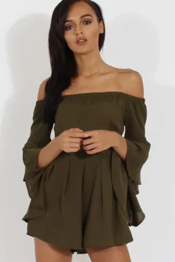 Rebellious Fashion Green Bardot Cropped Bell Sleeve Playsuit - Fabiana