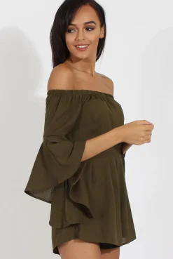 Rebellious Fashion Green Bardot Cropped Bell Sleeve Playsuit - Fabiana