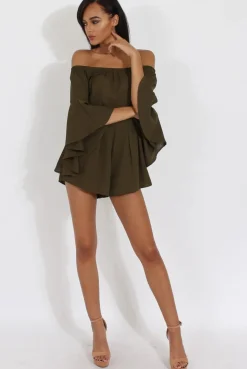 Rebellious Fashion Green Bardot Cropped Bell Sleeve Playsuit - Fabiana