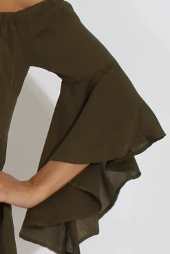 Rebellious Fashion Green Bardot Cropped Bell Sleeve Playsuit - Fabiana