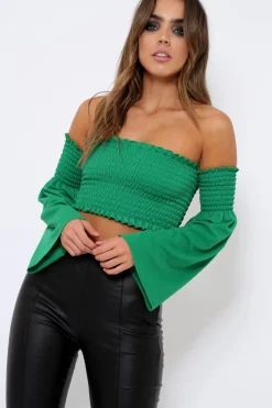 Rebellious Fashion Green Bardot Shirred Crop Top with Flared Sleeves - Shera