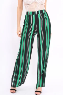 Rebellious Fashion Green, Black and White Striped High Waist Flare Trousers - Jen