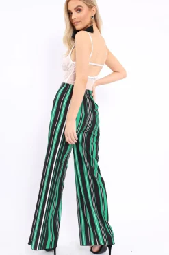 Rebellious Fashion Green, Black and White Striped High Waist Flare Trousers - Jen