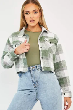 Rebellious Fashion Green Brushed Checked Cropped Shacket - Carina
