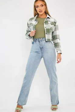 Rebellious Fashion Green Brushed Checked Cropped Shacket - Carina