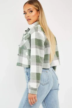 Rebellious Fashion Green Brushed Checked Cropped Shacket - Carina