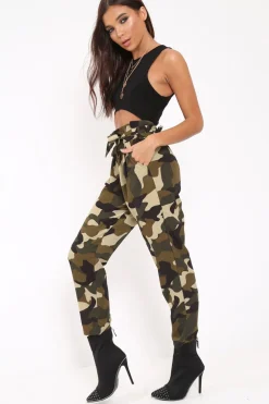 Rebellious Fashion Green Camo Paper Bag Tie Waist Trousers - Ryana