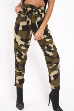 Rebellious Fashion Green Camo Paper Bag Tie Waist Trousers - Ryana