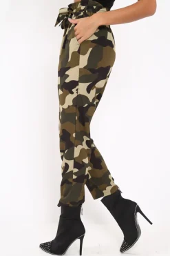 Rebellious Fashion Green Camo Paper Bag Tie Waist Trousers - Ryana
