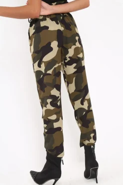 Rebellious Fashion Green Camo Paper Bag Tie Waist Trousers - Ryana