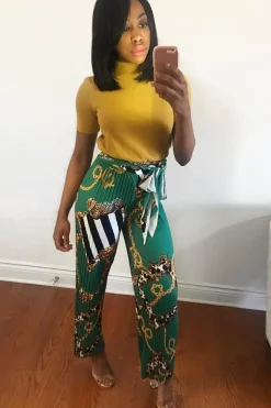 Rebellious Fashion Green Chain Pleated Wide Leg Trousers - Neola