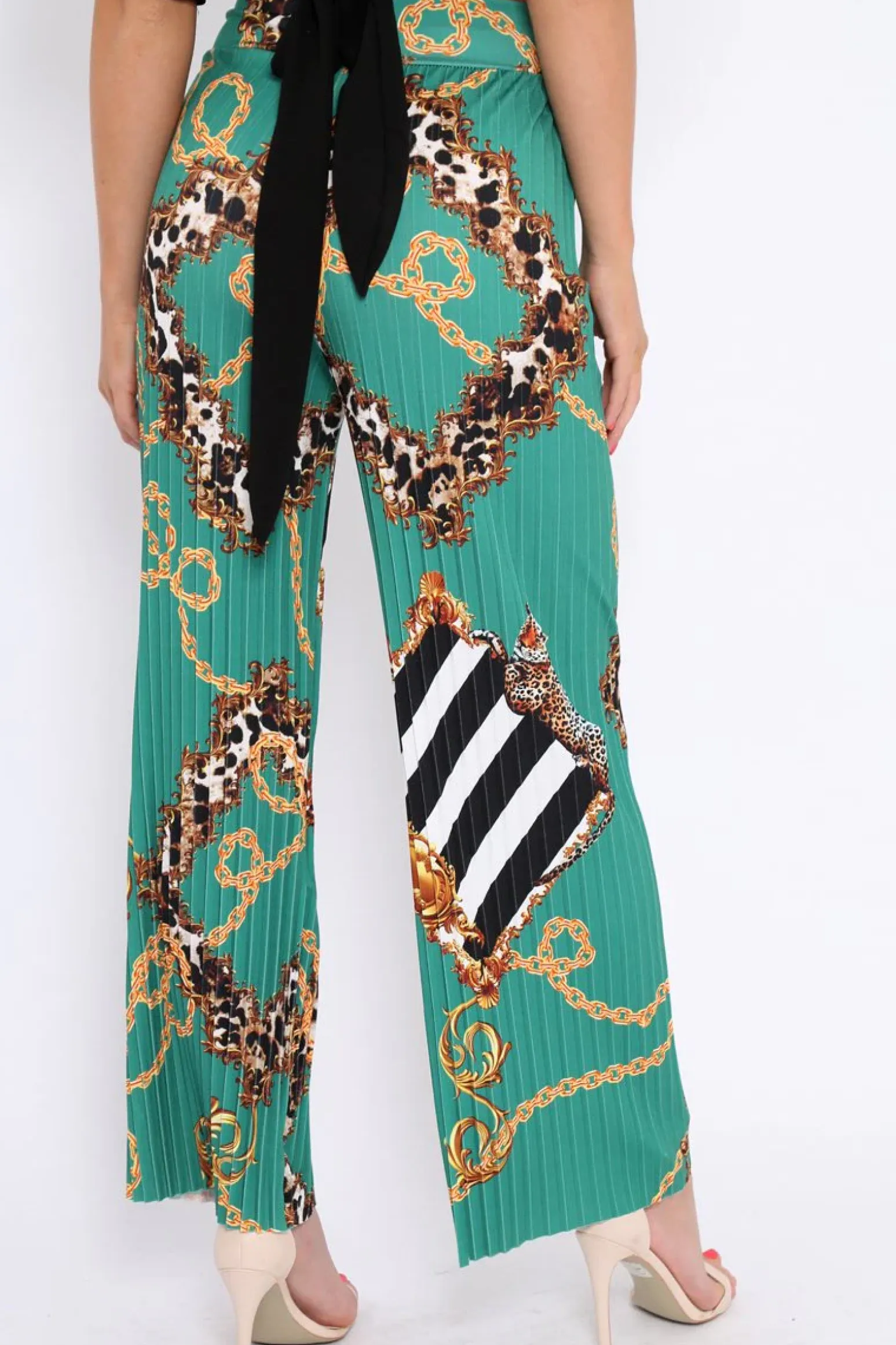 Rebellious Fashion Green Chain Pleated Wide Leg Trousers - Neola