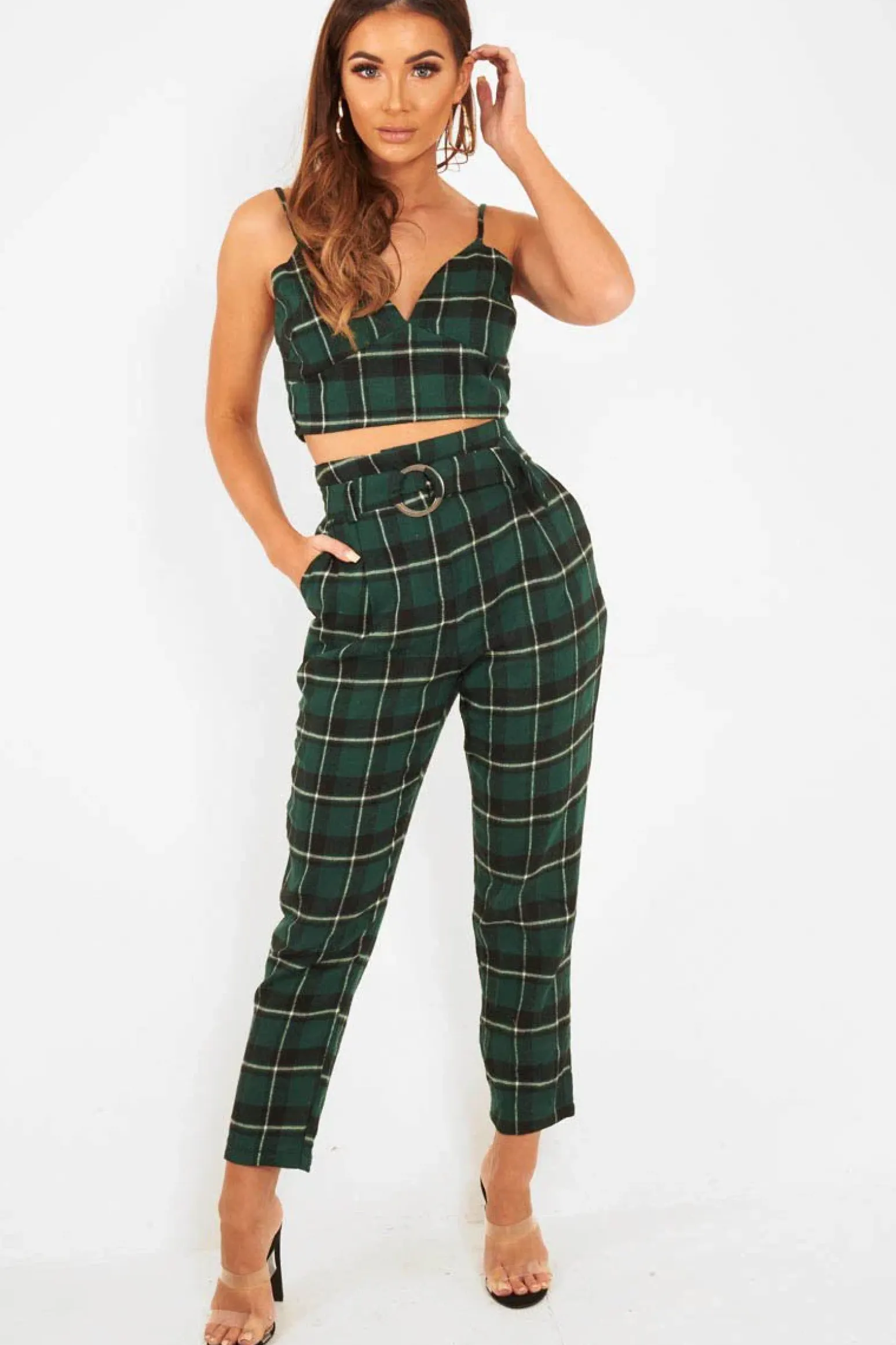 Rebellious Fashion Green Check Bralet And Belted Trouser Co-ord - Brilyn