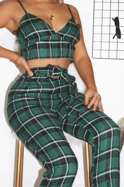 Rebellious Fashion Green Check Bralet And Belted Trouser Co-ord - Brilyn