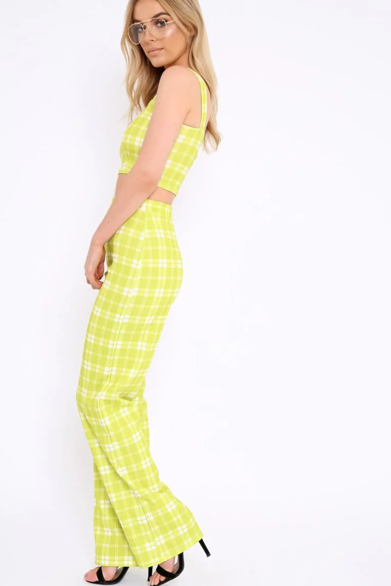 Rebellious Fashion Green Checked Crop Top and Trousers Co-ord Set - Kimmy