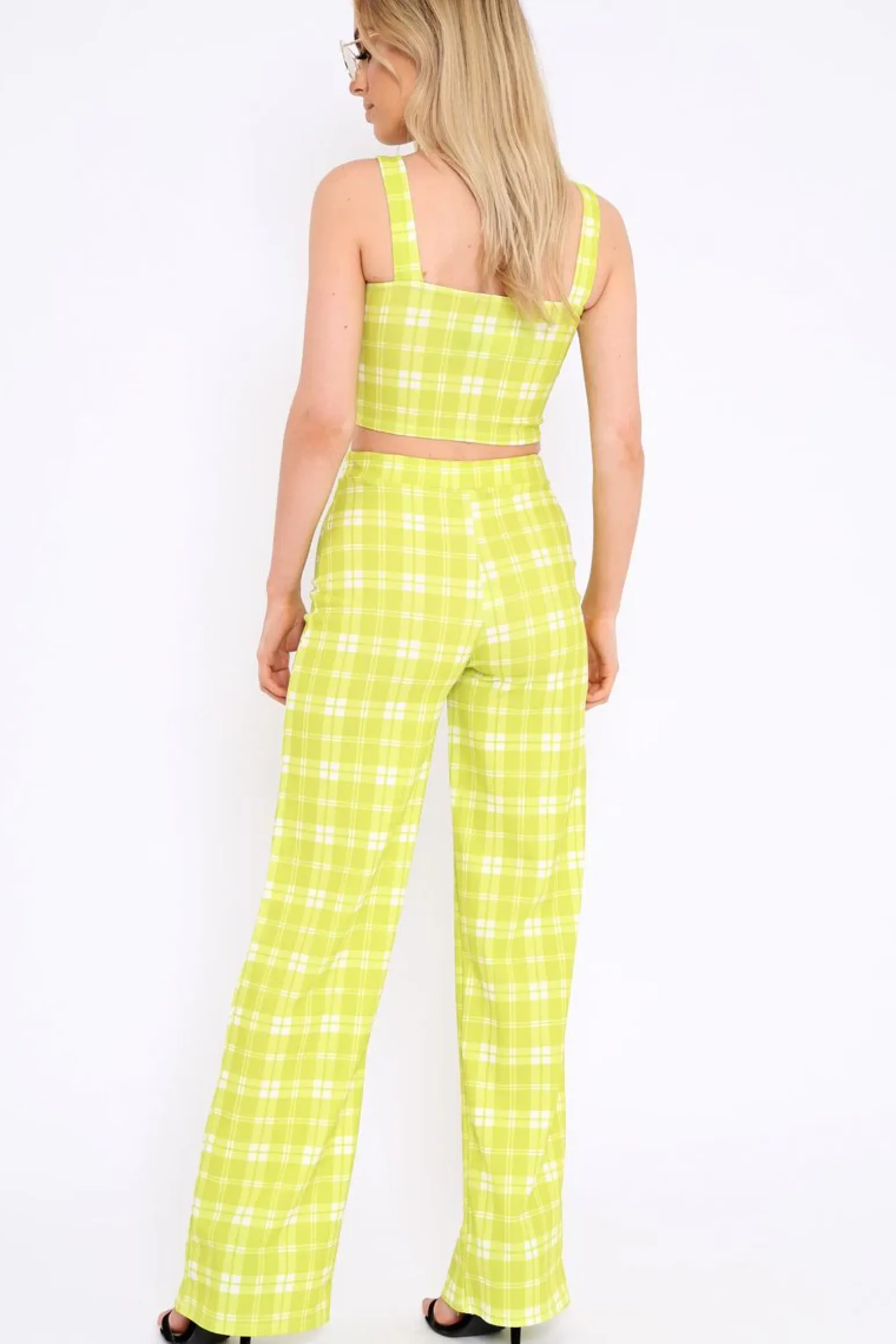 Rebellious Fashion Green Checked Crop Top and Trousers Co-ord Set - Kimmy