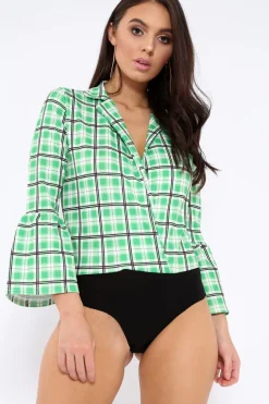 Rebellious Fashion Green Check Plunge Front Flare Sleeve Bodysuit - Madianna
